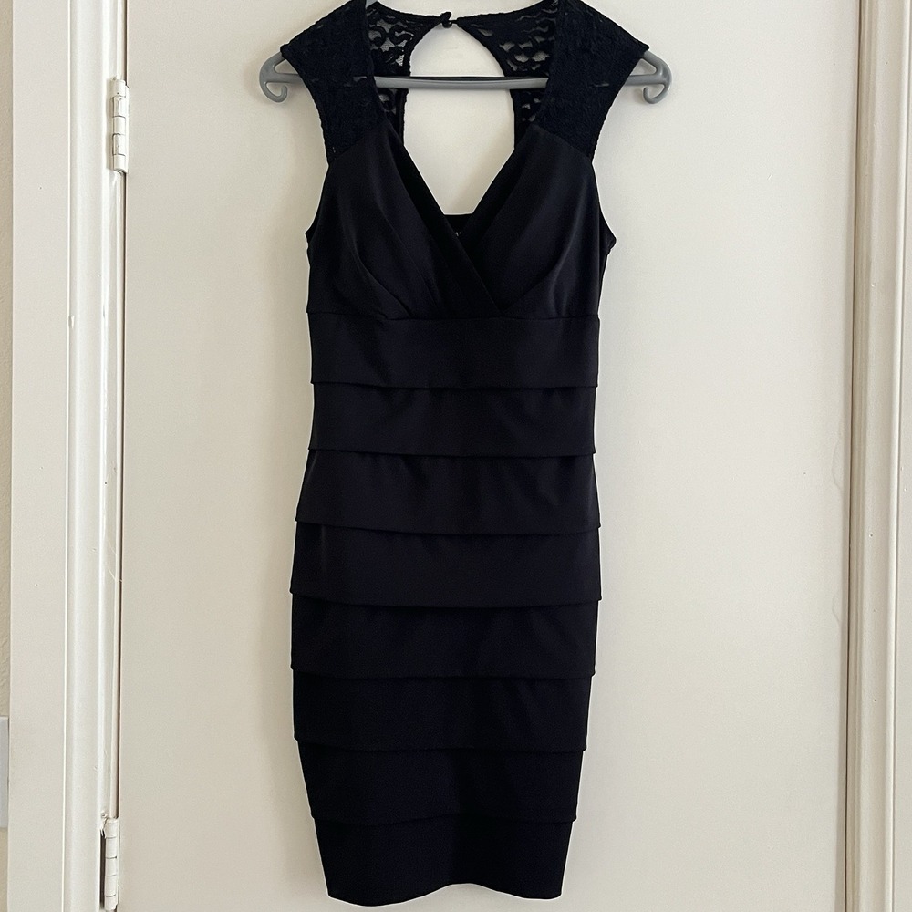 En Focus Bandage Lace Trim Dress‎ 4Petite Black Bodycon Sheath Sleeveless Club.
